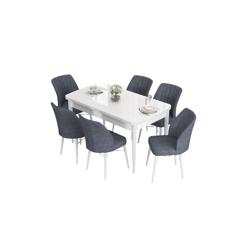 Ensemble de table et chaises de salle à manger moderne extensible (7 pièces), finition blanche et fumée, 52,0 po x 30,7 po x 31,5 po (extension: 67,0 po x 30,7 po x 31,5 po) | 100% panneau de fibres à densité moyenne avec pieds en bois et structure de chaise en métal, tissu Jerry confortable, parfait pour les réunions de famille