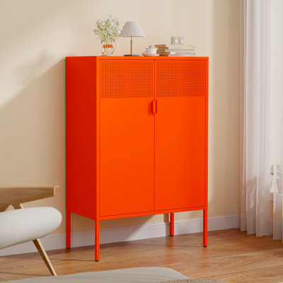 Orange Metal Storage Cabinet,2 Door TV Stand, Metal Mesh Accent Cabinet,Magnetic Door Closure,Low Storage Cabinets with Doors and Shelf for Home,Office,Living Room