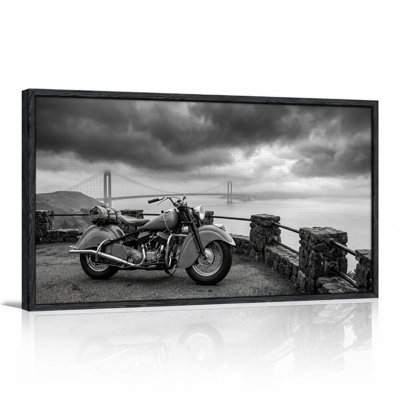 Vintage Indian Motorcycle And Suspension Bridge Black And Canvas Wall Art