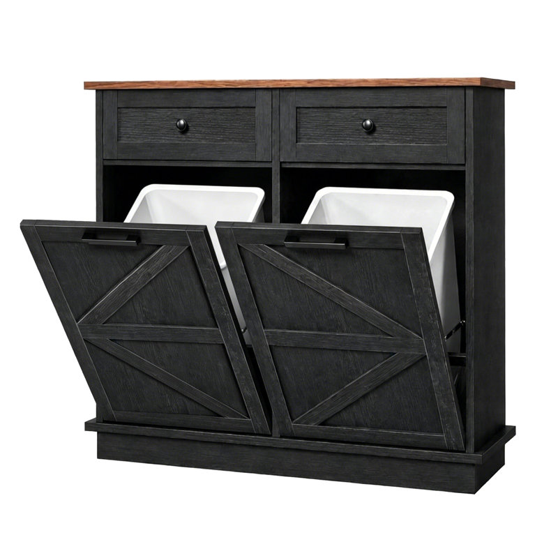 Black Tilt-Out Trash & Laundry Cabinet with 2 Drawers, Double 10 Gallon Cans Waste Bins Storage, Farmhouse Kitchen & Laundry Room Recycling 39.4" Double Tilt-Out Trash & Recycling Cabinet with 2 Drawers, 2x10 Gallon Bins, Farmhouse Kitchen & Laundry Storage (Bins Not Included)