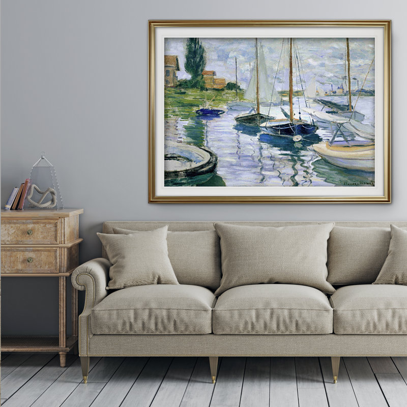 Reproduction d’art sur toile encadrée barques au pensions, H 30 po x l 42 po x p 1,5 po, Cadre doré