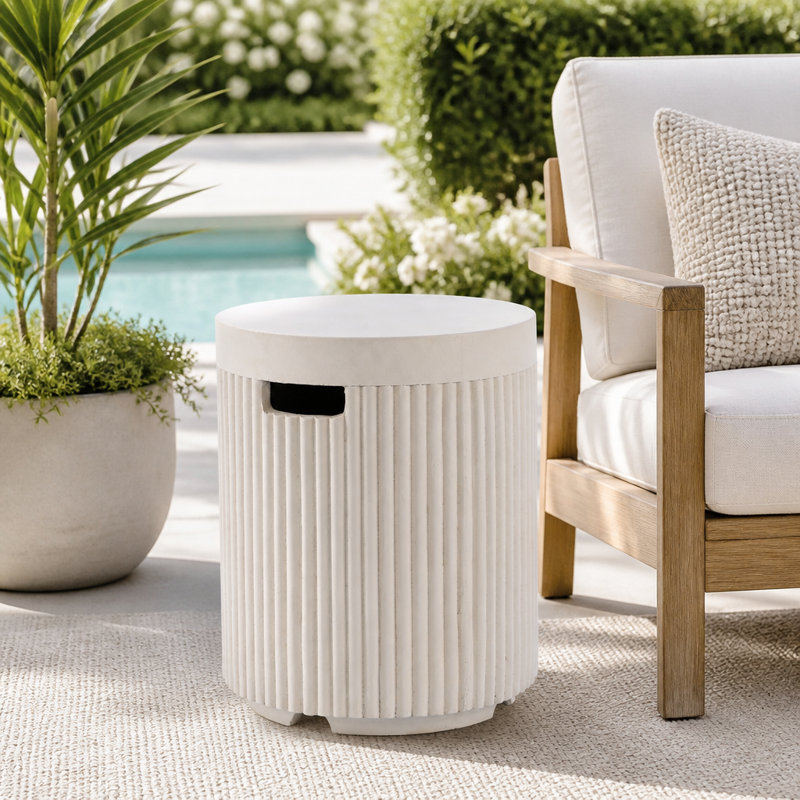 Outdoor Round Propane Tank Cover Table with Vertical Fluted Design, Beige