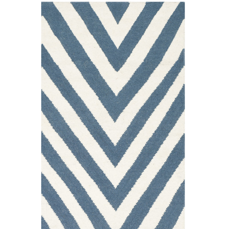 Dhurries Hand Woven Flat Weave Wool/Cotton Chevron Rug in Blue/Ivory, Rectangle 9' x 12'