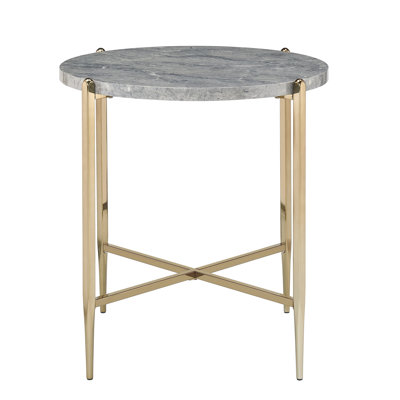 Table de bout ronde glamour avec plateau en faux marbre gris et pieds au fini champagne couleur de salon d'aspect marbre
