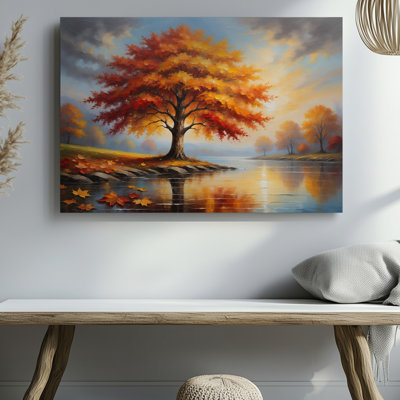 Arbre d'automne avec feuilles oranges et rivière, impression d'art mural sur toile pour le salon, la chambre à coucher, le bureau, le couloir, le vestibule, le mur de la galerie et la décoration intérieure moderne
