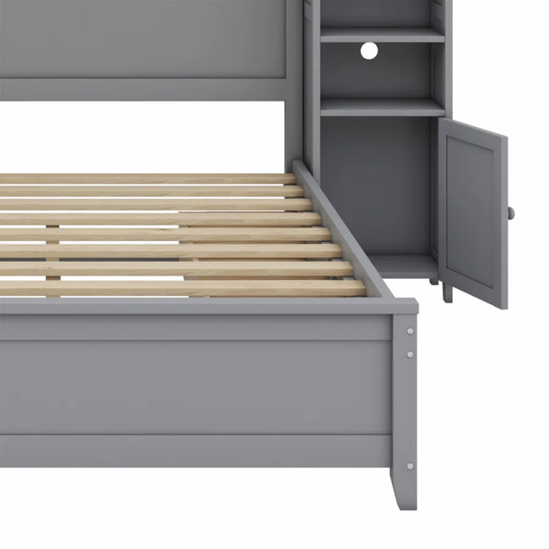 Lit en bois avec armoire tout-en-un, tiroirs et tablette, Gris