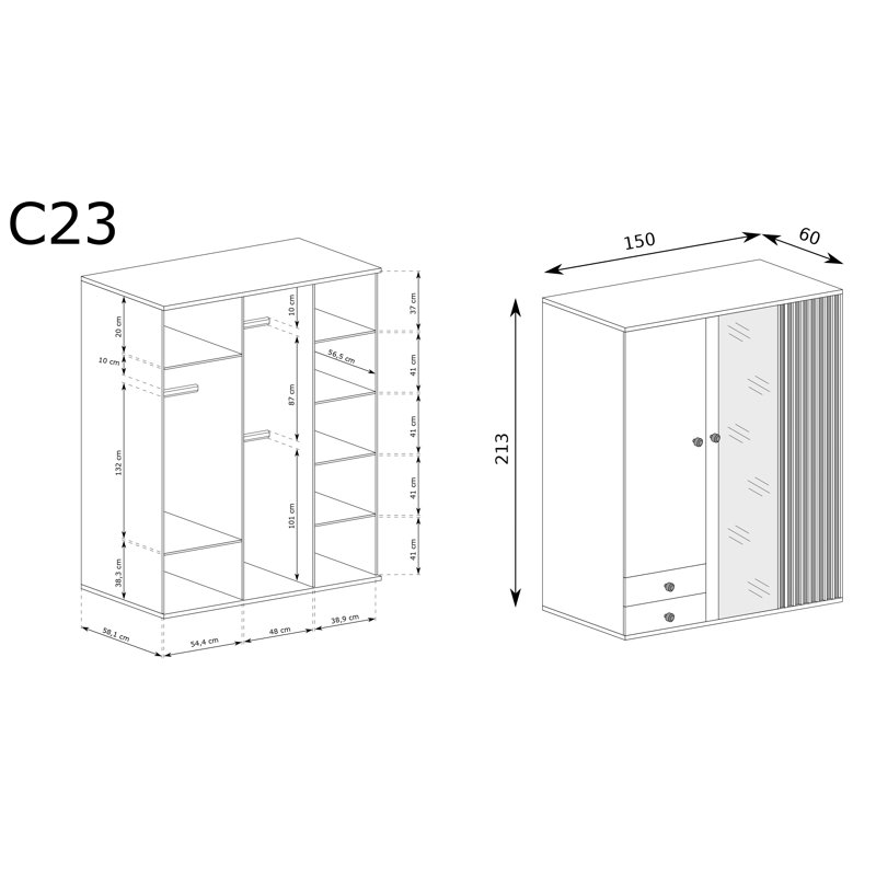 Cali Laminate Wardrobe, 213cm H x 100cm W x 60cm D