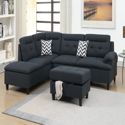 3-Piece Sectional Set With Storage Ottoman & Chaise, Linen-Like Fabric