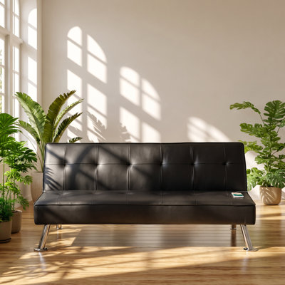 Kanepe 66" W x 32" D x 30" H Faux Leather Tufted Convertible Futon Sofa with USB Port