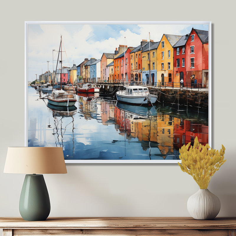 Impression sur toile «Ireland Harbor Reflectionsan II» - Irlande, H 16 po x l 32 po x P 1 po, Cadre flottant blanc