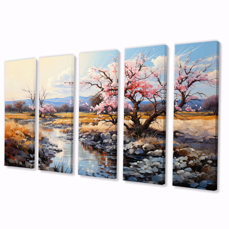 Amandiers en fleurs Vangogh II - Vangogh Wall Art Living Room - 5 panneaux égaux