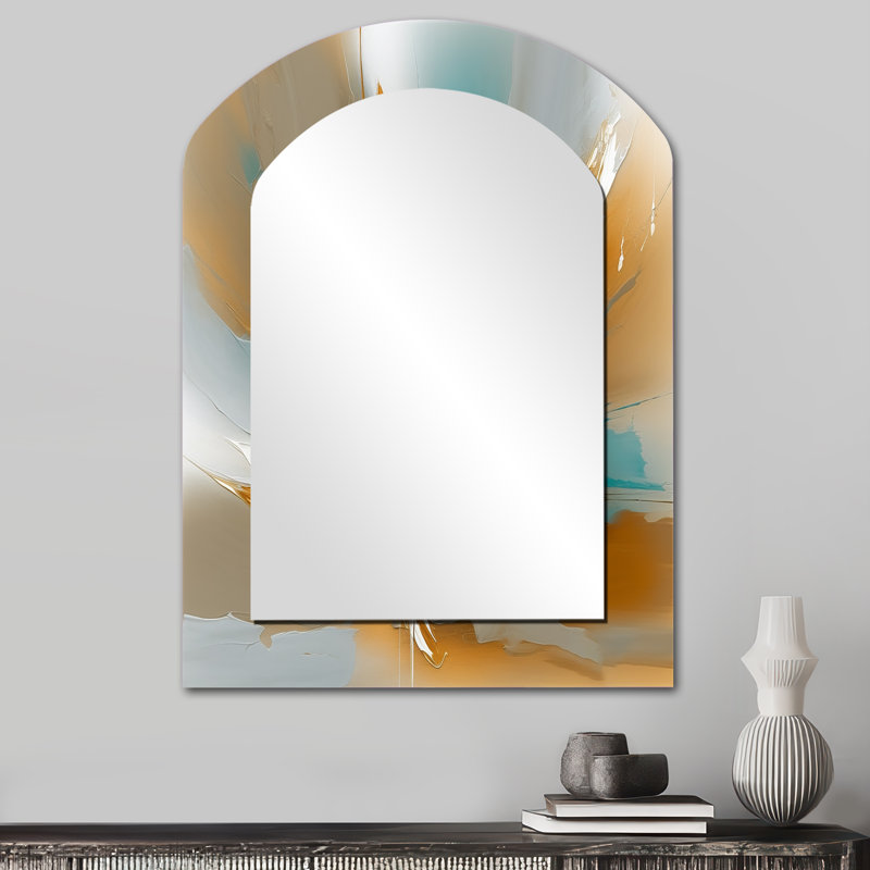 Marbre doré et turquoise Fuild Ink I - miroir asymétrique en marbre, miroir mural décoratif arqué doré, impression d'art en métal
