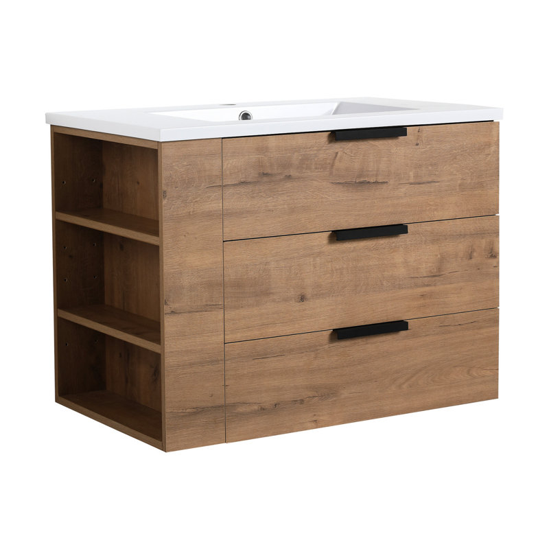 Meuble-lavabo de salle de bain mural, imitation chêne, 3 tiroirs, lavabo en résine, poignée, tablette latérale réglable pour une utilisation durable avec plateau, chêne, lavabo à fermeture douce, peu encombrant