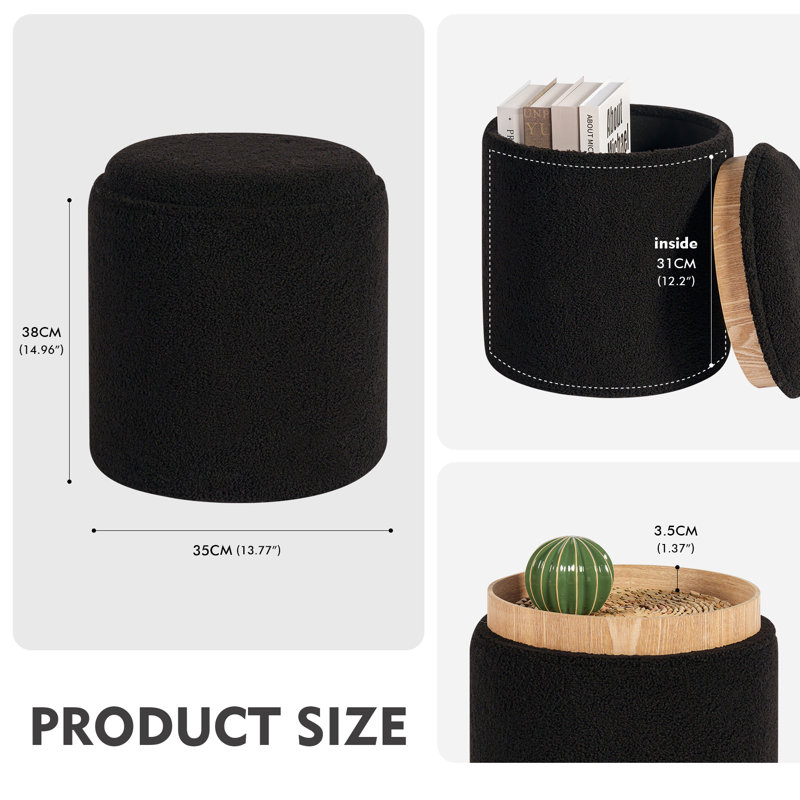 Cillin Storage Ottoman Round Boucle with Tray 14"x13"x13", Black