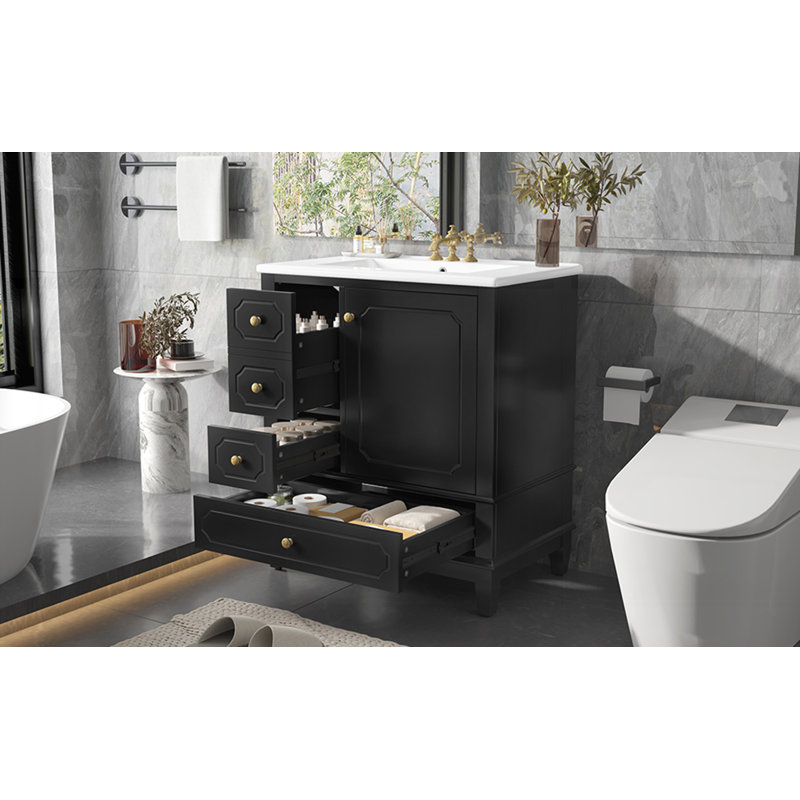 Freestanding vanity cabinet with ceramic basin, Noir