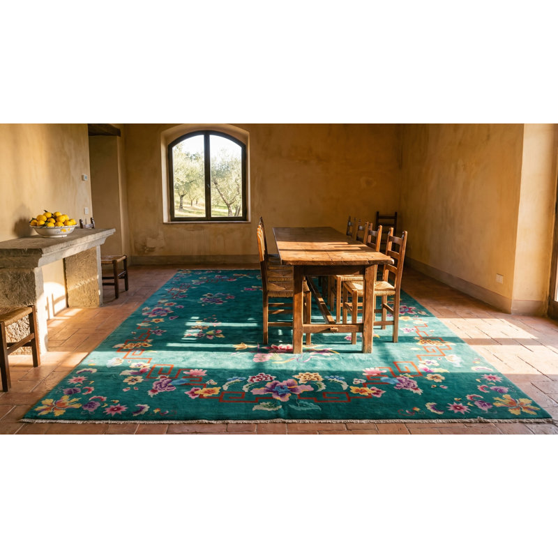 Tapis rectangulaire en laine noué à la main Art déco vert antique des années 1920