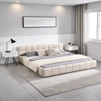 Lit tapissier élégant en chenille beige avec motif damier