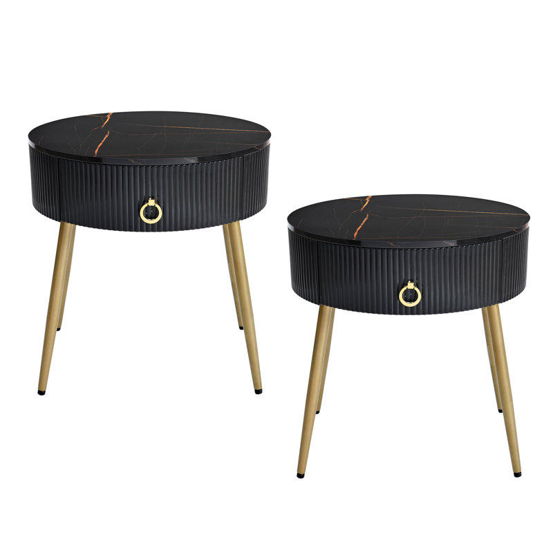 F19.6'' Easy Assembly End Tables With Tabletops, Set Of 2, Modern Fluted 2 Side Tables With Drawers, Round Coffee Tables With Golden Legs For Living Room