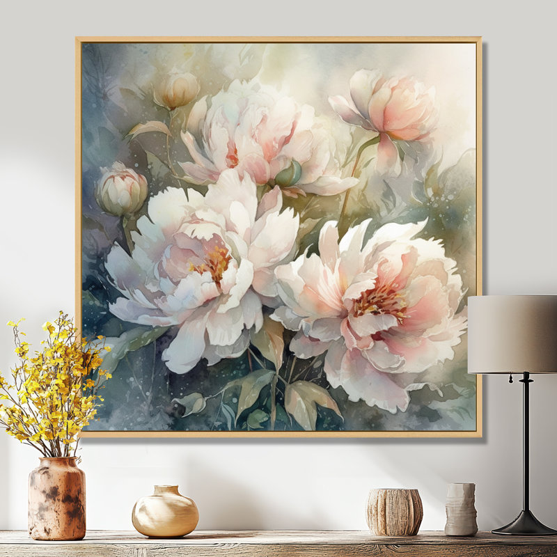 Pivoines roses et vertes sur une branche II - pivoines, art mural, H 36 po x l 36 po x P 1,5 po, Cadre flottant érable