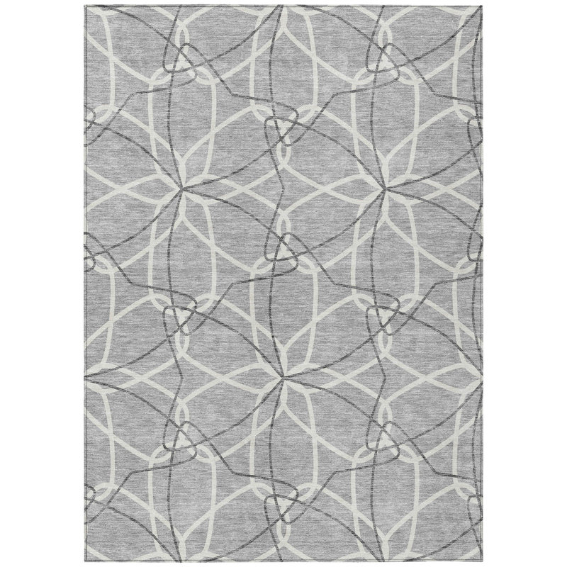 3' X 5' Gray And Ivory Geometric Washable Indoor Outdoor Area Rug