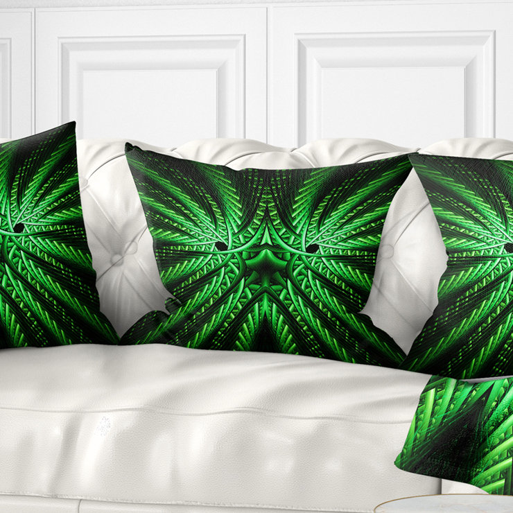 Fleur fractale rougeoyante en noir - coussin abstrait imprimé, 16 po x 1 po, Coussin décoratif, Vert