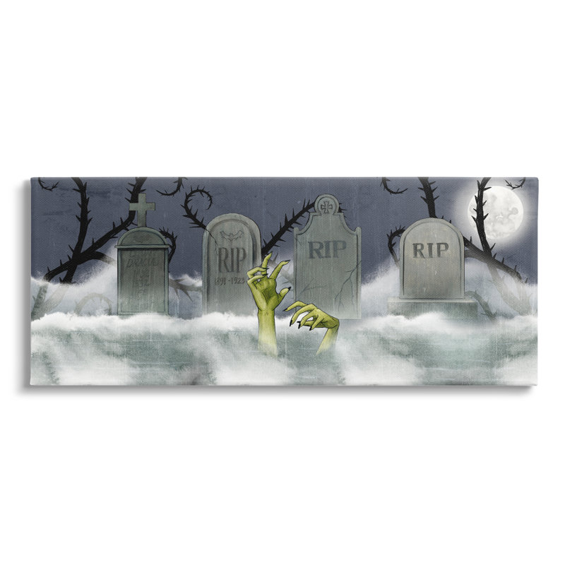Zombie Émergeant cimetière brumeux pleine lune nuit, art numérique sur estampe numérique par Grace Popp, Toile tendue