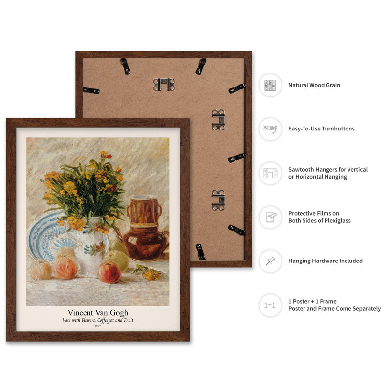 Van Gogh - vase avec fleurs, Poster, 12"H x 16"W, Brown Framed