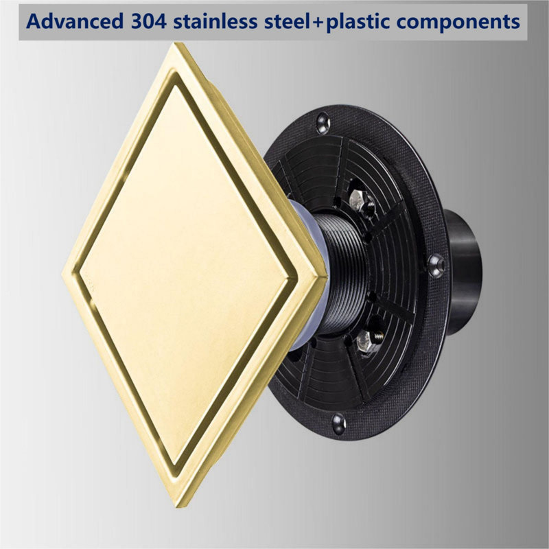 6 Inch Square Shower Floor Drain, Brushed Gold