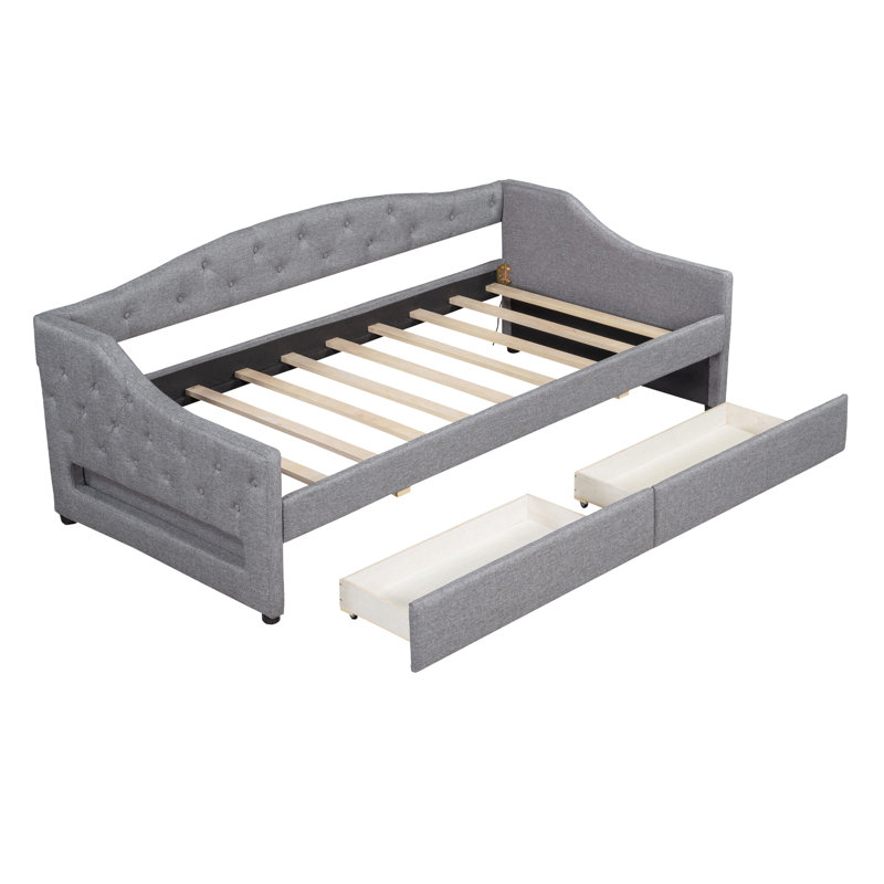 Twin Xl Upholstered Daybed With Gray Linen, Led Belt, 2 Drawers For And Off - Season Items, Structure In Gray, Drawers, Linen Slats Mattress Support Stability