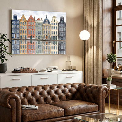 Watercolor Dutch Canal Houses Reflection Landscape Graphic Art Print on Wrapped Canvas