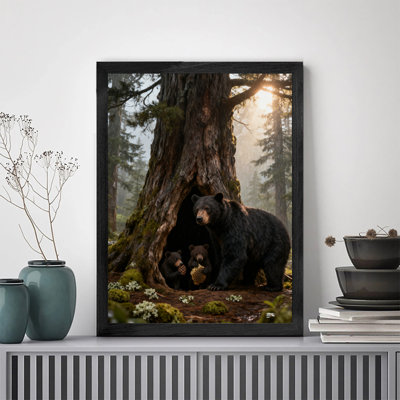 Black Framed Vintage The warm black bear family playing and frolicking in the forest Wall Art Retro Style Framed Prints