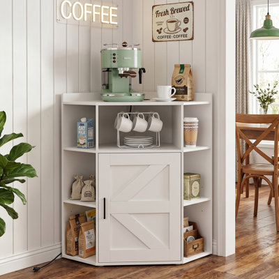 Armoire d'angle avec station de charge, armoire de rangement pour bureau à domicile moderne avec 2 prises et 2 ports USB, bibliothèque triangulaire et support pour imprimante avec porte de grange pour petits espaces
