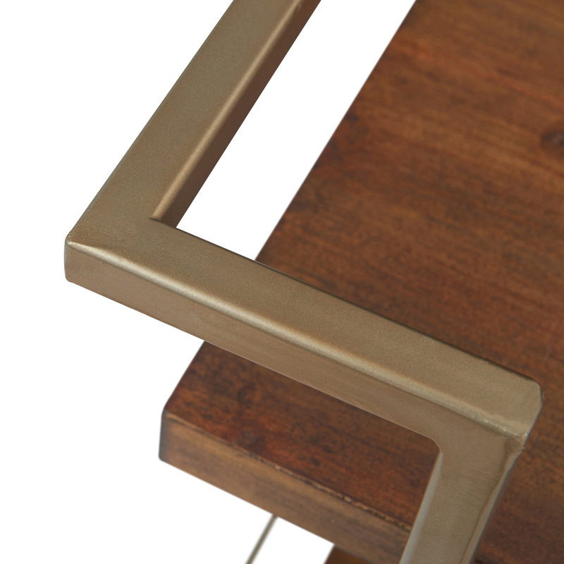 Industrial Walnut & Gold Bar Cart with Wine Rack and Storage