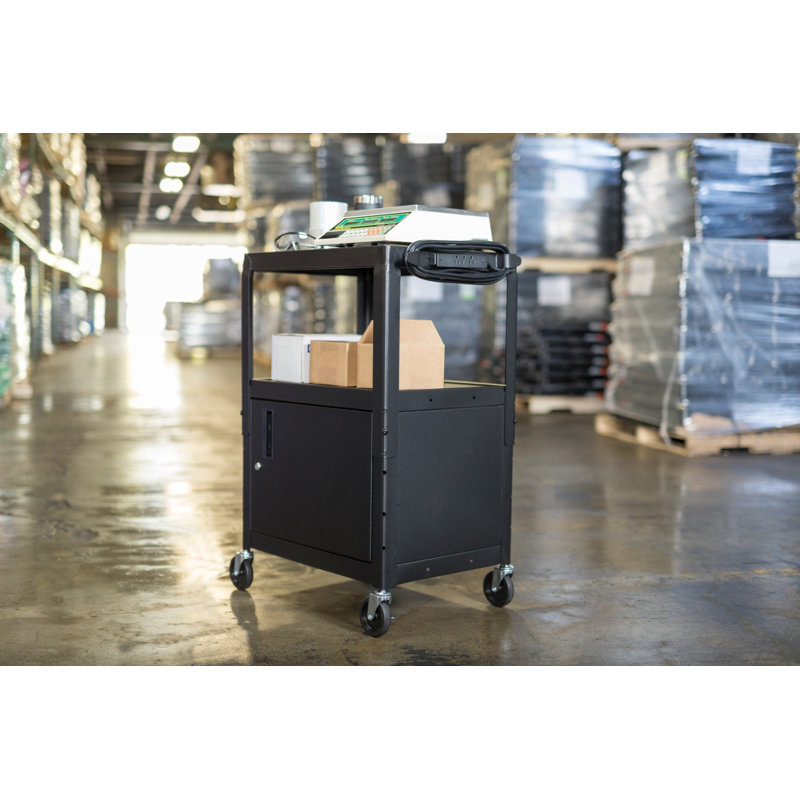 Adjustable Black Steel AV Utility Cart with Locking Cabinet