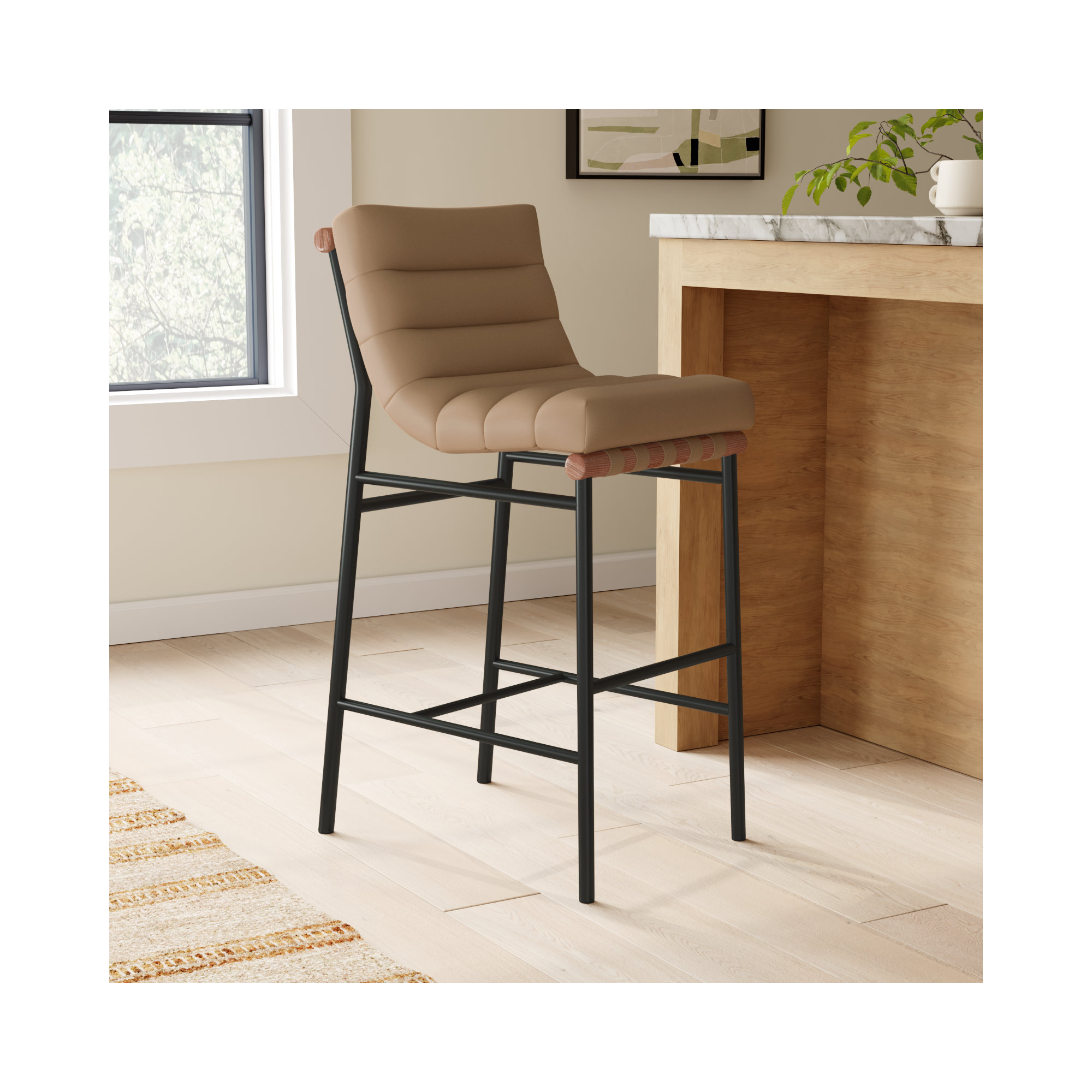Vincentas Counter Stool, Bar Stool (29.9" Seat Height), Tan Vegan Leather