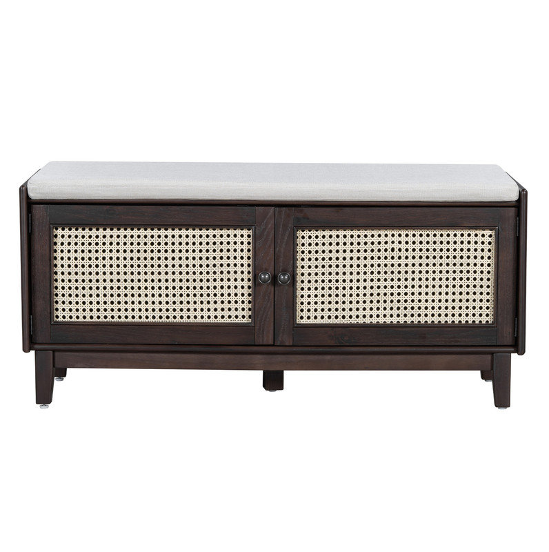 Banc d'entrée en rotin avec rangement Boho, Bois espresso