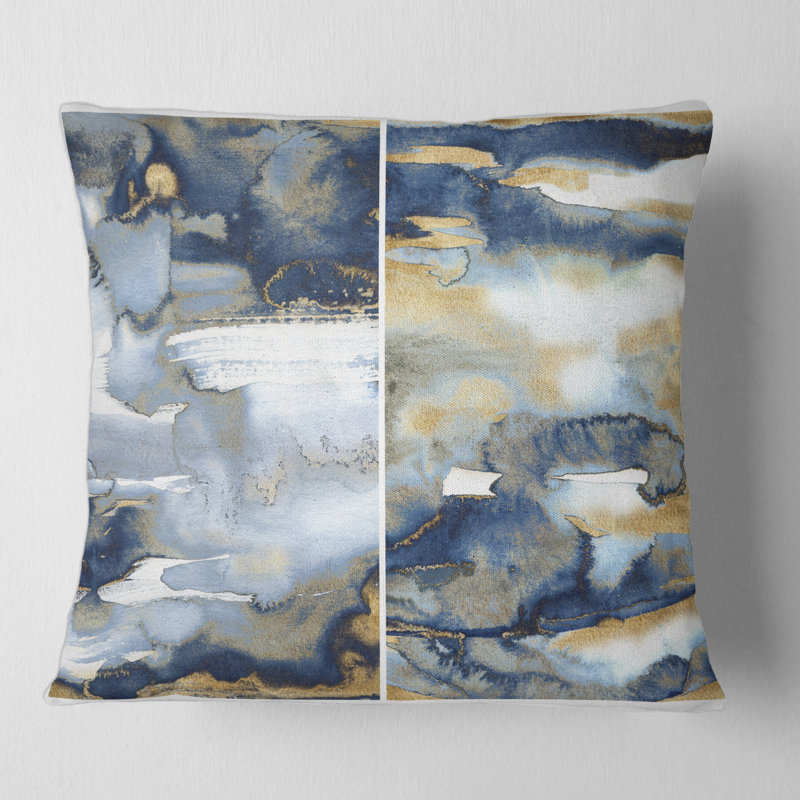 Bleu foncé et or abstrait II - coussin moderne imprimé, 16" x 16"