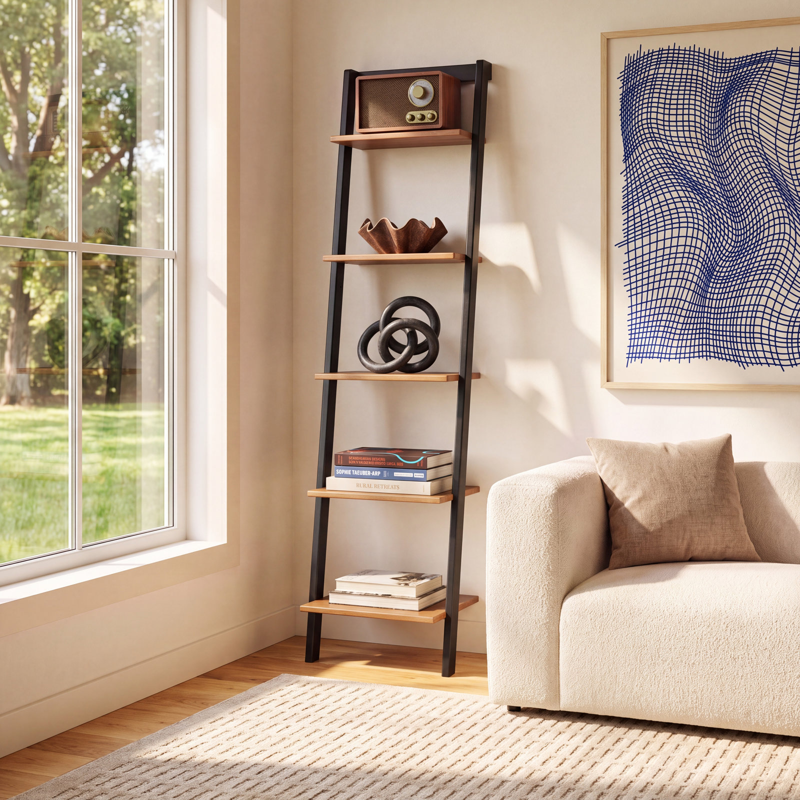 Joe Ladder Bookcase, 76" H x 17" W x 14" D, Natural/ Charcoal