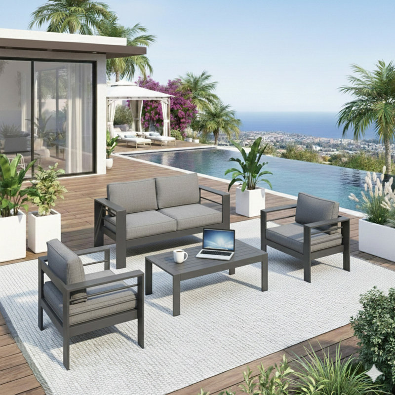 Ensemble de conversation moderne en aluminium 4 pièces pour patio, canapé 4 places avec coussins épais et structure et table basse
