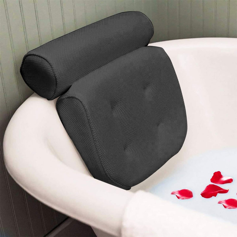 SedlikSpa Bath Pillow With Head, Neck, Shoulder & Back Support | Extra Thick, Non-Slip, Soft, Large 38X35cm For Ultimate Relaxation | Fits Any Tub, 4 Strong Suction Cups, 3D Air Mesh, Grey Firm Support Pillow