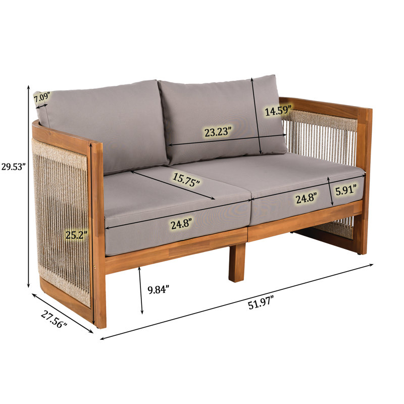 Aldo Outdoor 6-Person Acacia Wood Conversation Set With Woven Rope & Water-Repellent Cushions, Gray
