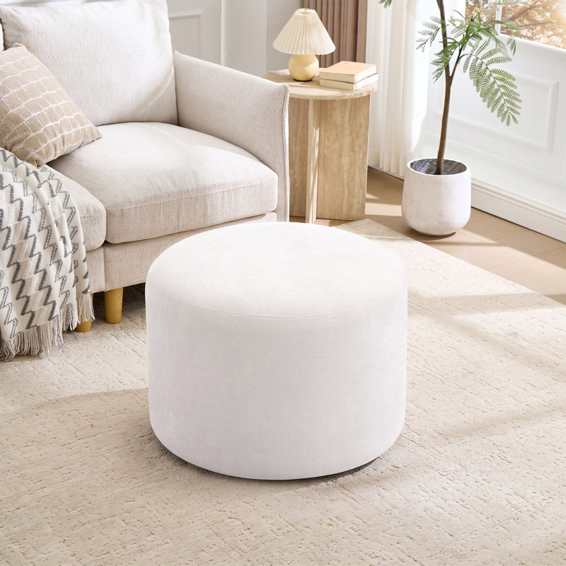 Regeani 57.5cm W Round Upholstered Pouf Ottoman with Chenille Fabric and Thick Padded Seat, Beige Chenille