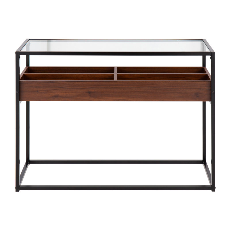 Console contemporaine avec plateau en verre trempé, compartiments en bois de noyer et structure en métal noir