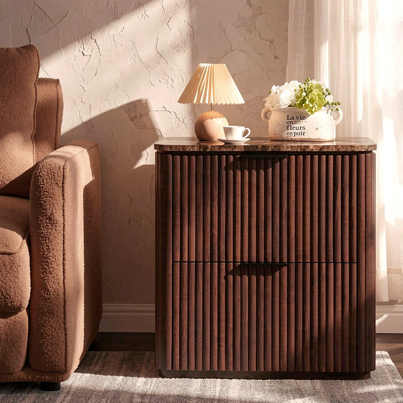 23"W Nightstands with 2-drawer, Nightstand with 3-sided Fluted Panels and Faux Marble Top