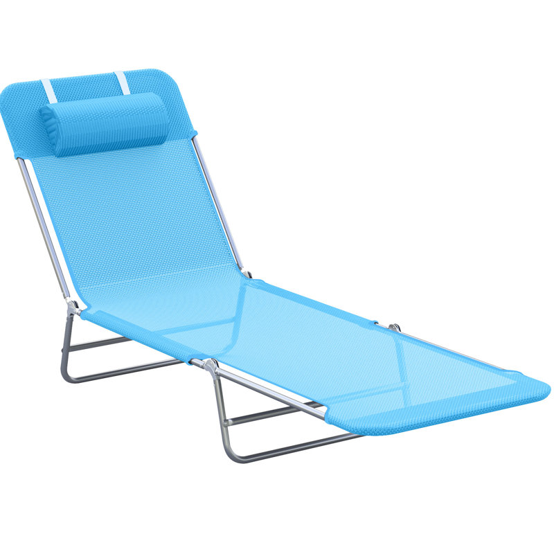 Folding Outdoor Sun Chair - , Blue, With Pillow, Adjustable , Steel Frame & Breathable Mesh For Patio, Pool, Yard Lounger Reclining Back, Spaces Beach,
