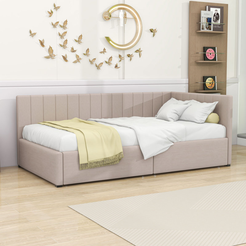 Twin Linen Upholstered Daybed with Storage Drawers, Beige
