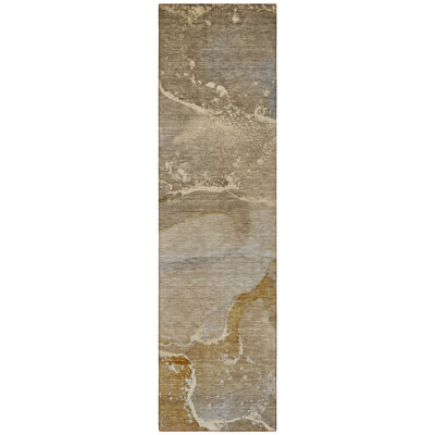 Tapis de couloir d'extérieur à motif abstrait beige et doré 2 pi x 8 pi
