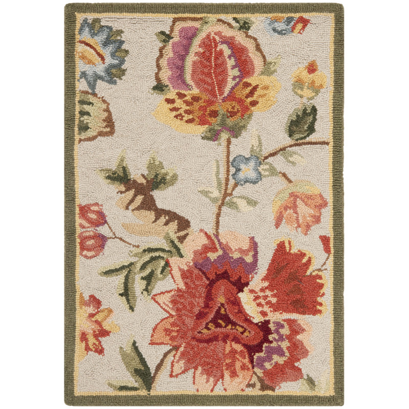 Hollander Floral Hand-Hooked Wool Sage Area Rug, Rectangle 2'6" x 4'