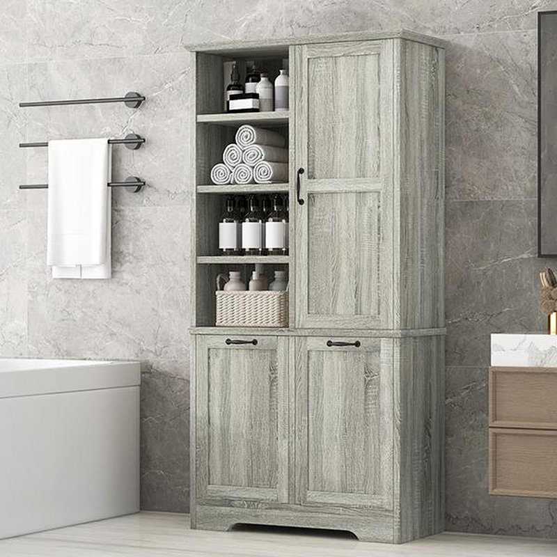 Bathroom Storage Cabinet With Doors And Drawers, Tilt-Out Laundry Hamper, Multiple Storage Space, Freestanding Style, Open Shelve, Adjustable Shelf, Oak(Old SKU:N725P208543L)