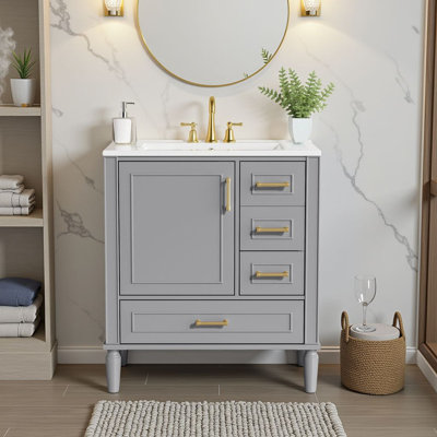 30" Bathroom Vanity with Ceramic Sink - Soft-Close Door & 3 Drawers